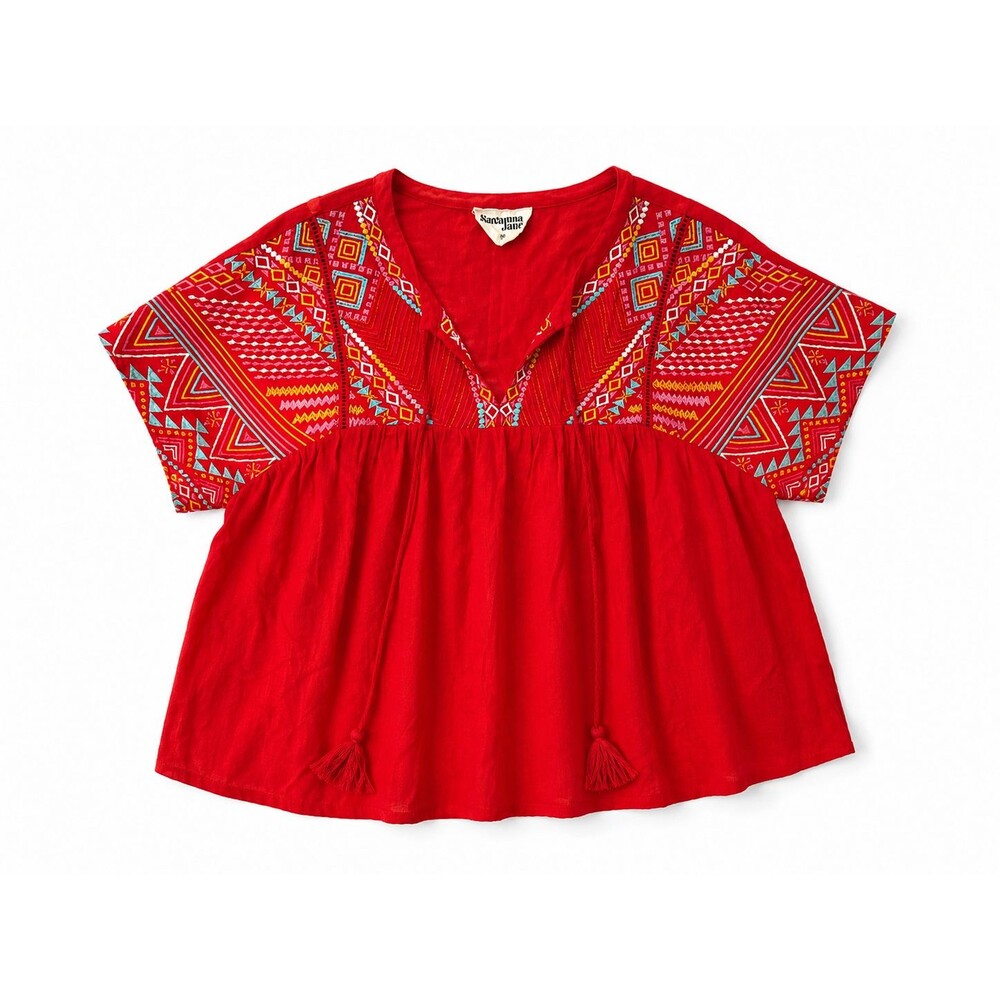 Savannah Jane Top Size 2x Embroidered Vibrant Colorful V-Neck Short Sleeve Boho